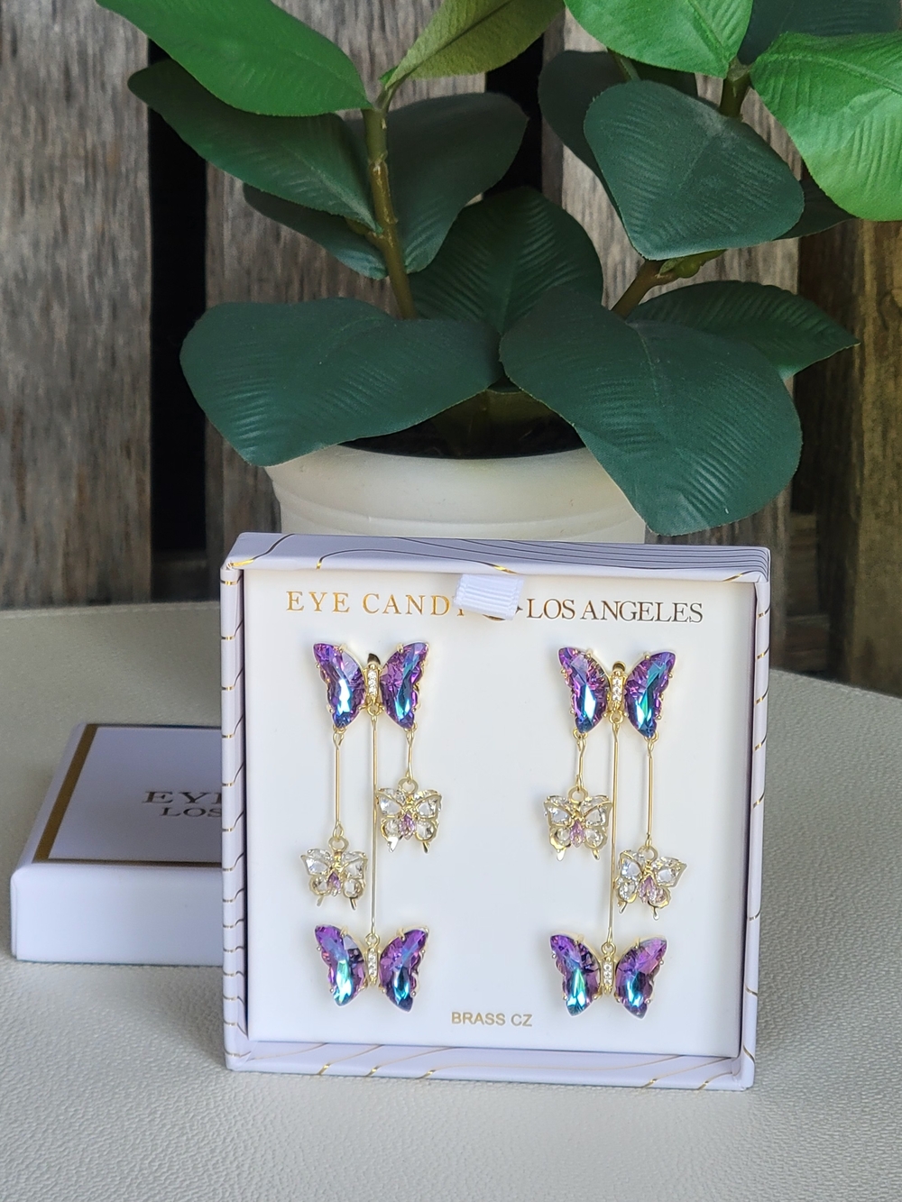 eye candy Purple Iridescent & Gold Butterfly Drop Earrings - Picture 1 of 5